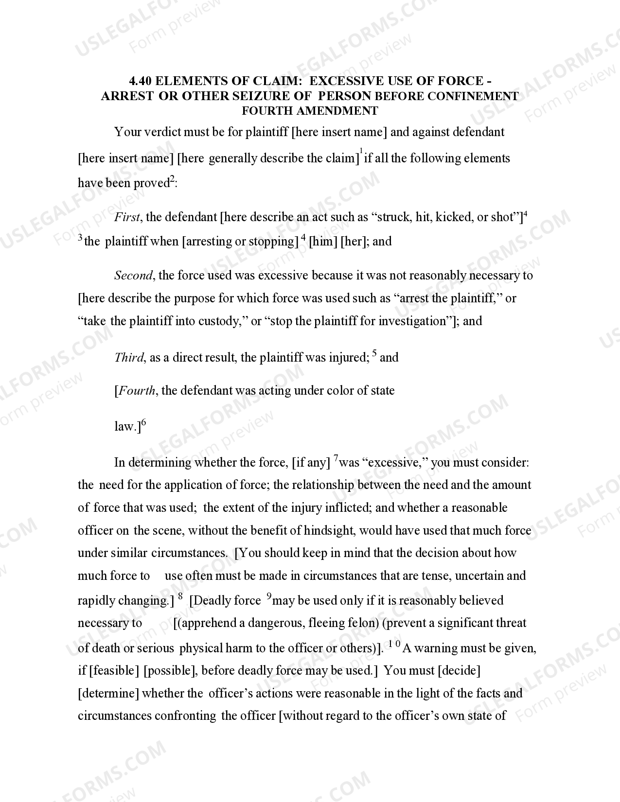 4.40 ELEMENTS OF CLAIM: EXCESSIVE USE OF FORCE - ARREST OR OTHER ...