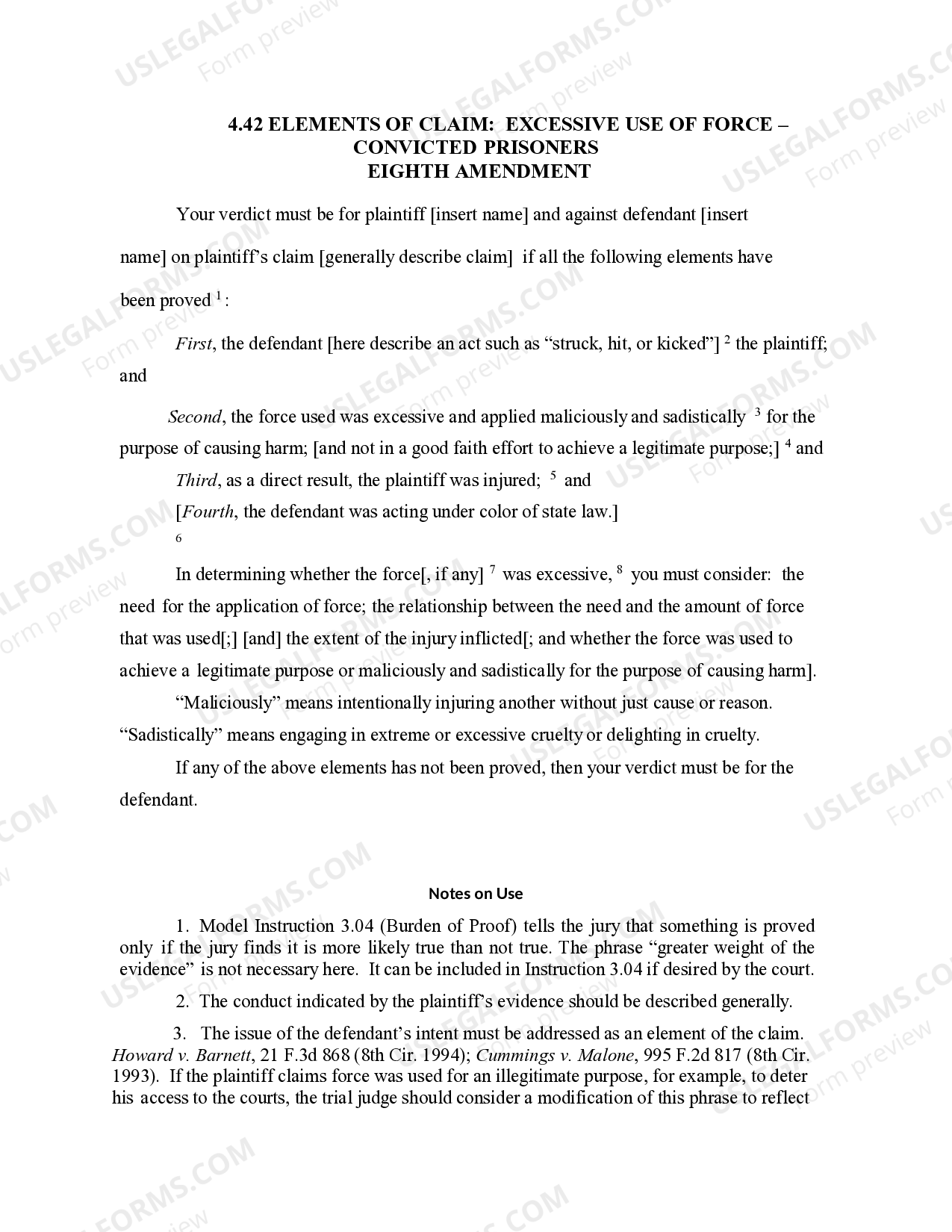 4.42 ELEMENTS OF CLAIM EXCESSIVE USE OF FORCE CONVICTED PRISONERS