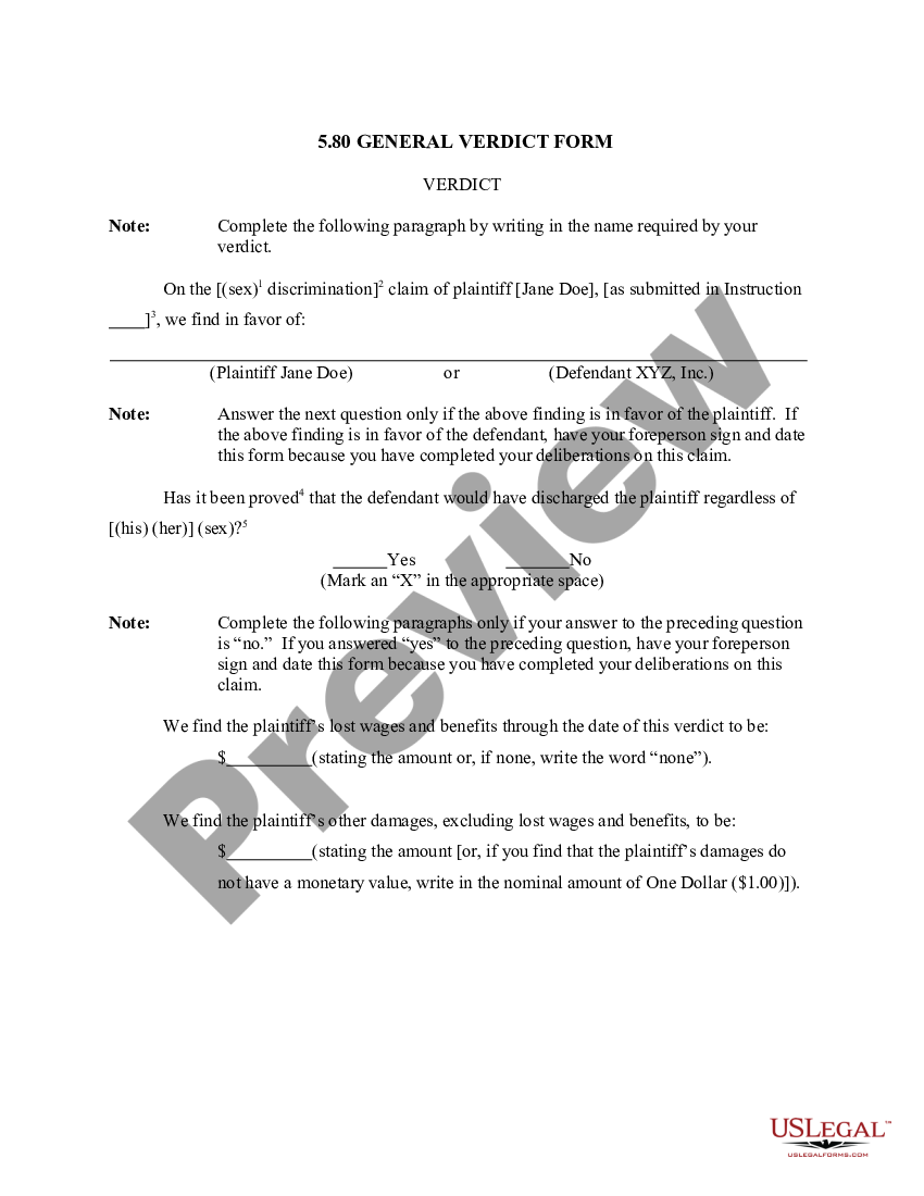 5.80 GENERAL VERDICT FORM | US Legal Forms