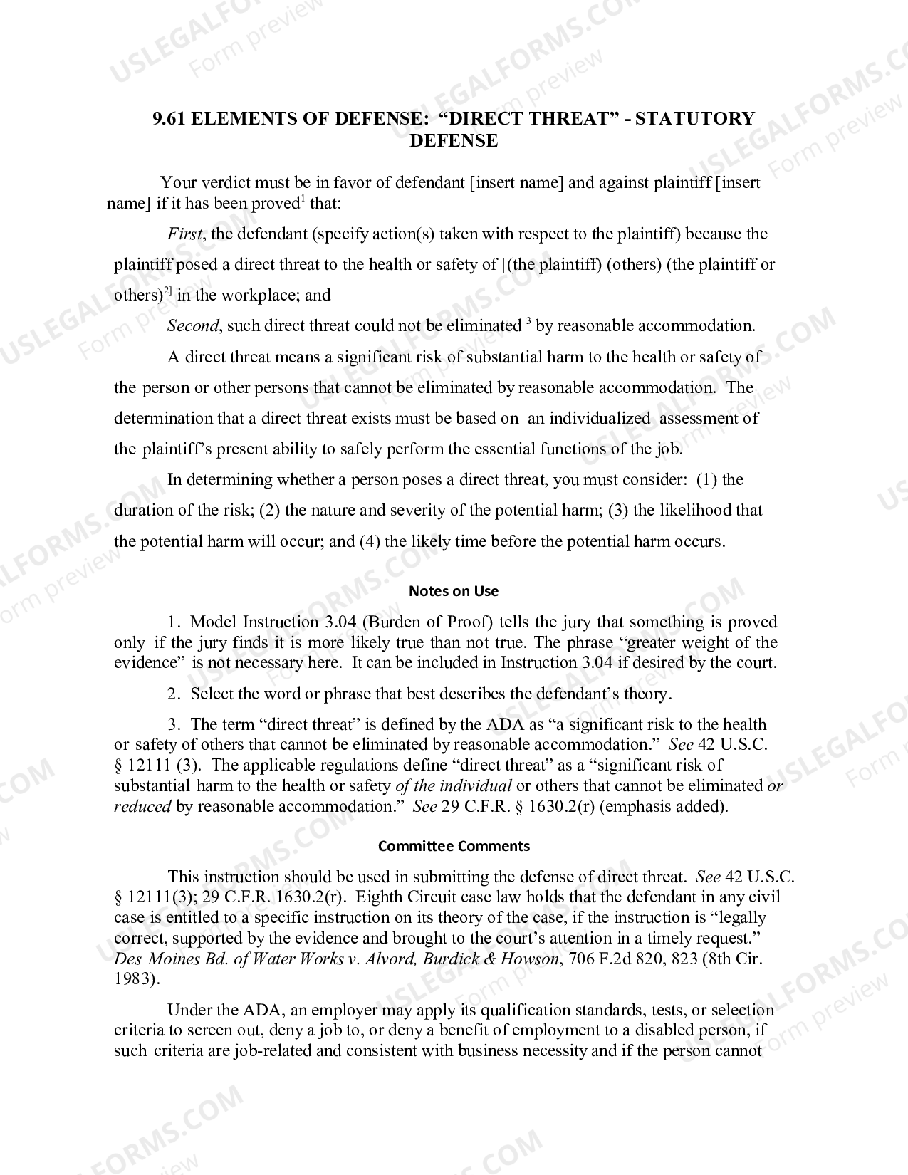 9.61 ELEMENTS OF DEFENSE "DIRECT THREAT" STATUTORY DEFENSE US Legal Forms