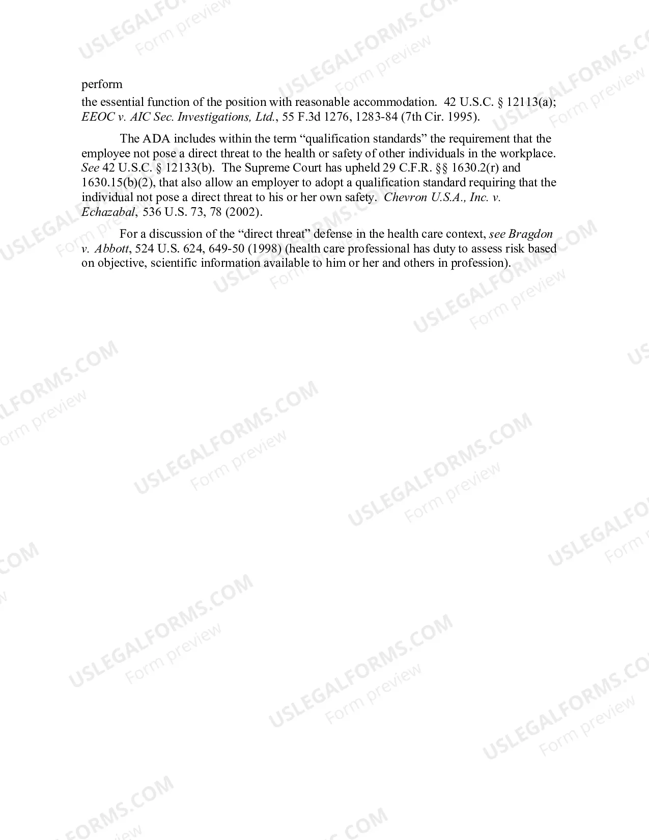 Preview 9.61 ELEMENTS OF DEFENSE: "DIRECT THREAT" - STATUTORY DEFENSE