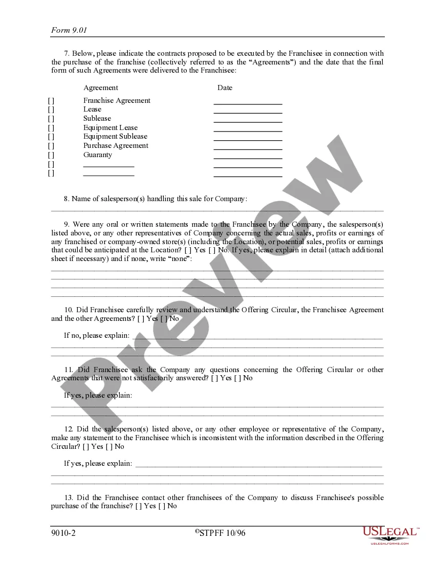 Get Franchisee Closing Questionnaire Preview Franchisee Closing Questionnaire