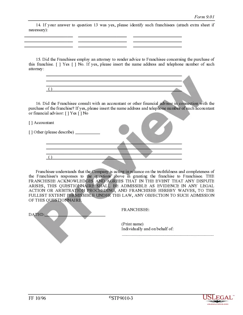 Get Franchisee Closing Questionnaire Preview Franchisee Closing Questionnaire