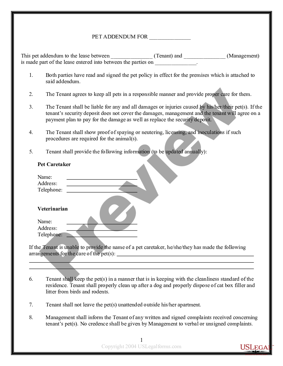 page 0 Addendum To Apartment Lease regarding Pets preview