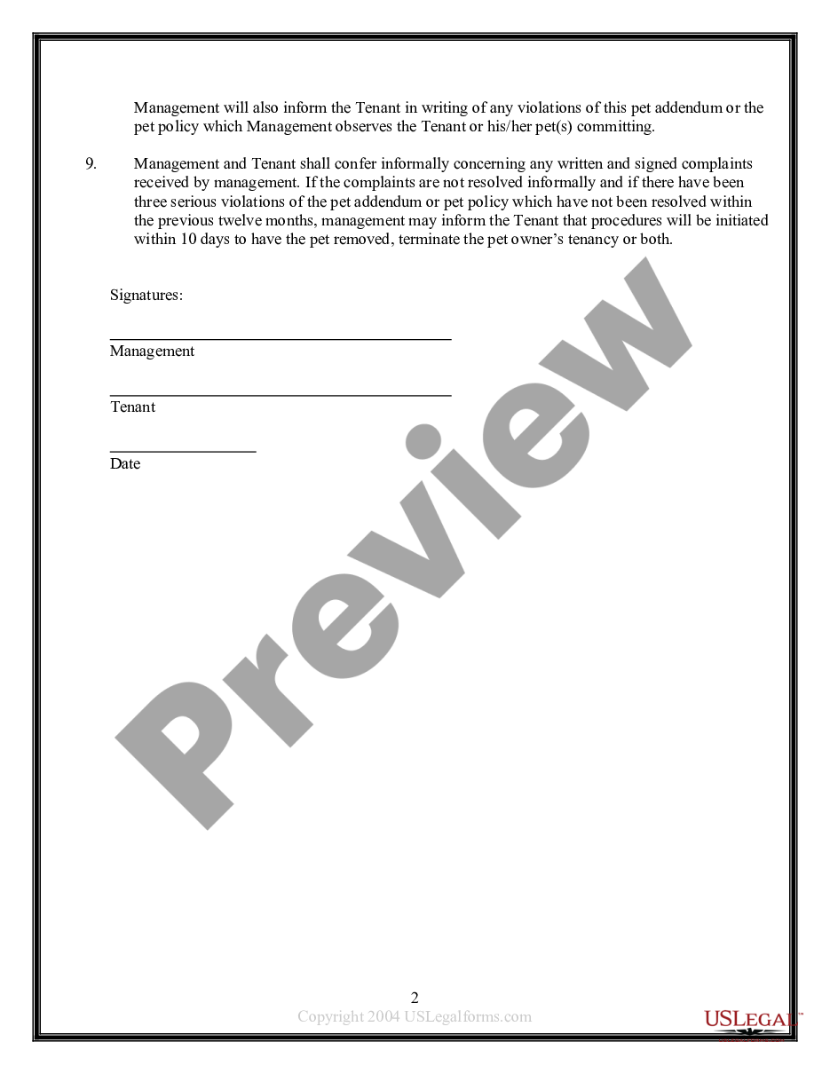 page 1 Addendum To Apartment Lease regarding Pets preview