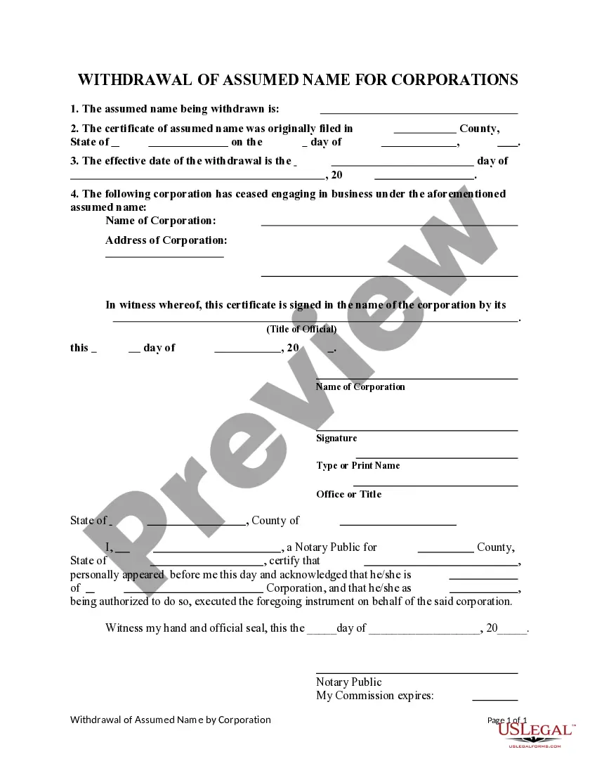 Preview Withdrawal of Assumed Name for Corporation