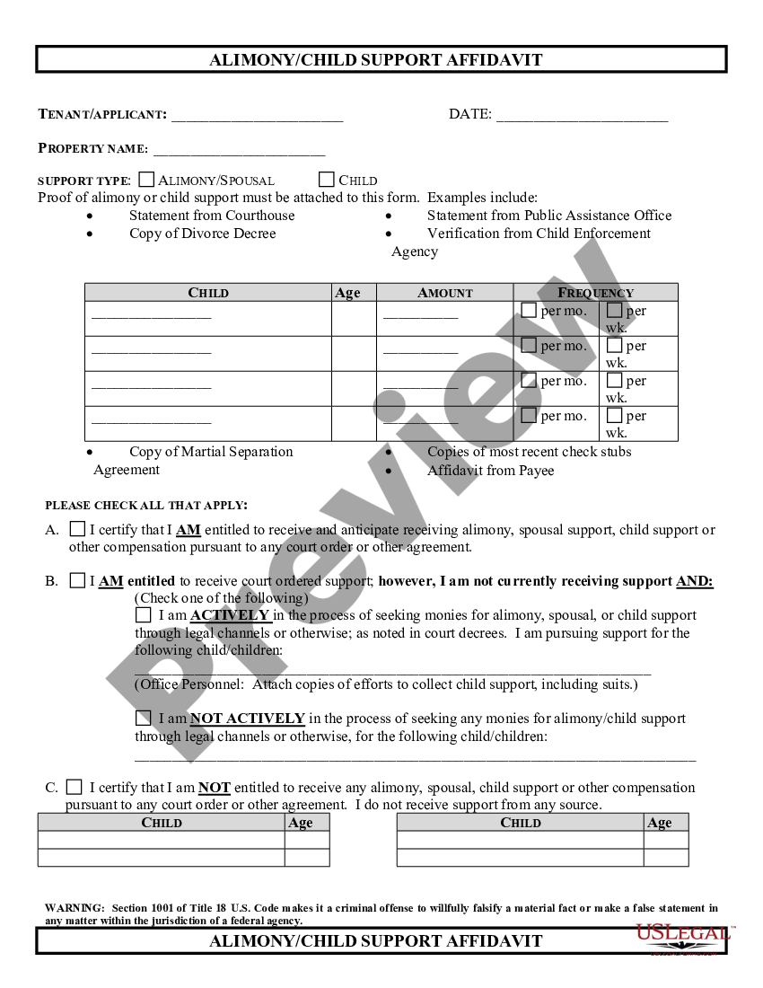 Alimony/Child Support Affidavit | US Legal Forms