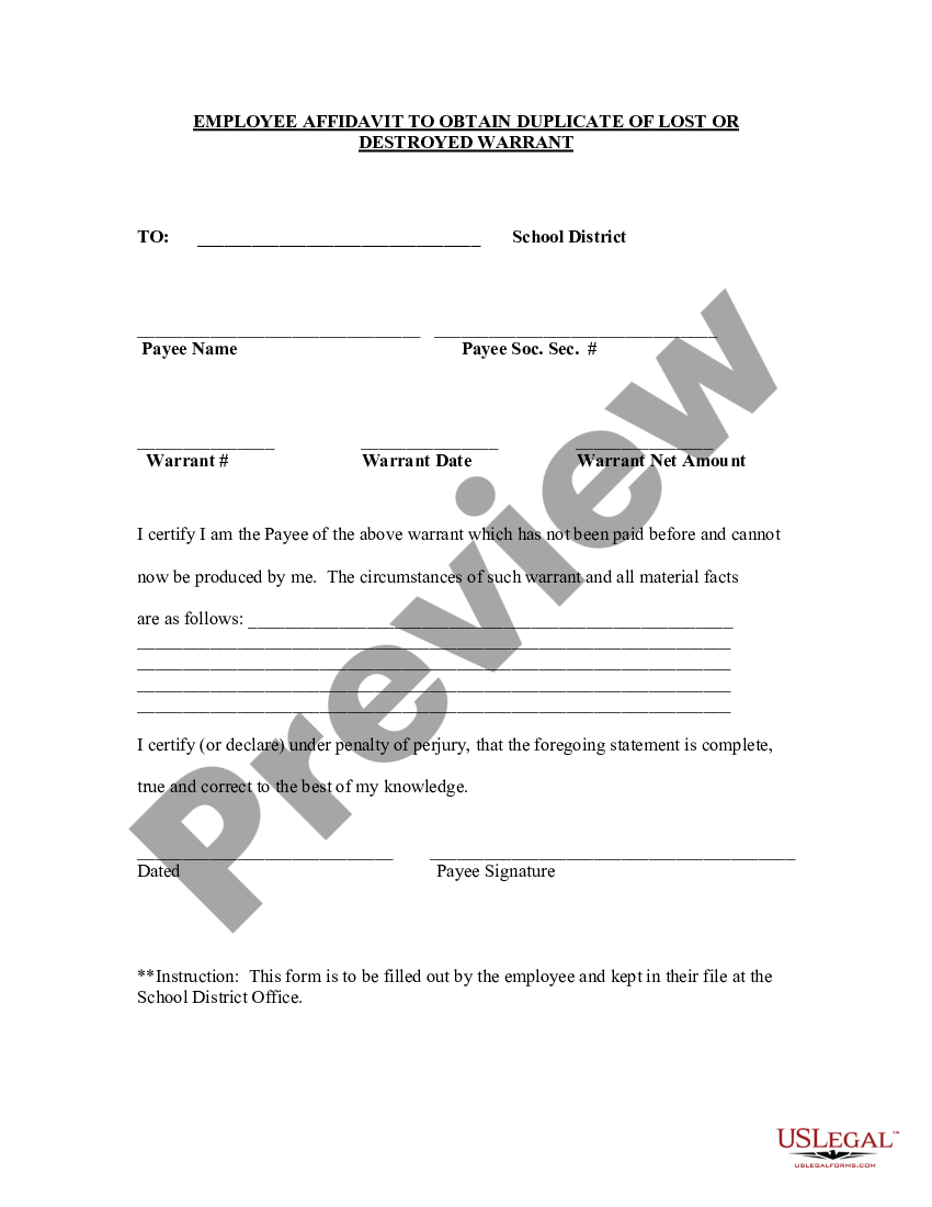 Employee Affidavit to Obtain Duplicate of Lost or Destroyed Warrant ...