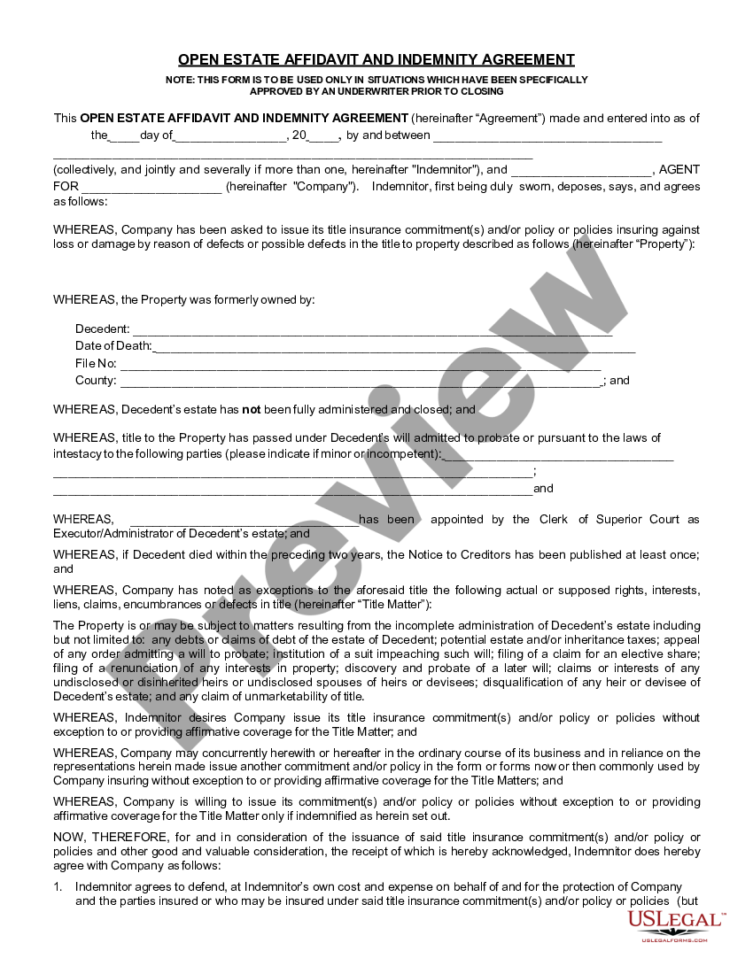 Open Estate Affidavit and Indemnity Agreement - Open Estate File | US ...