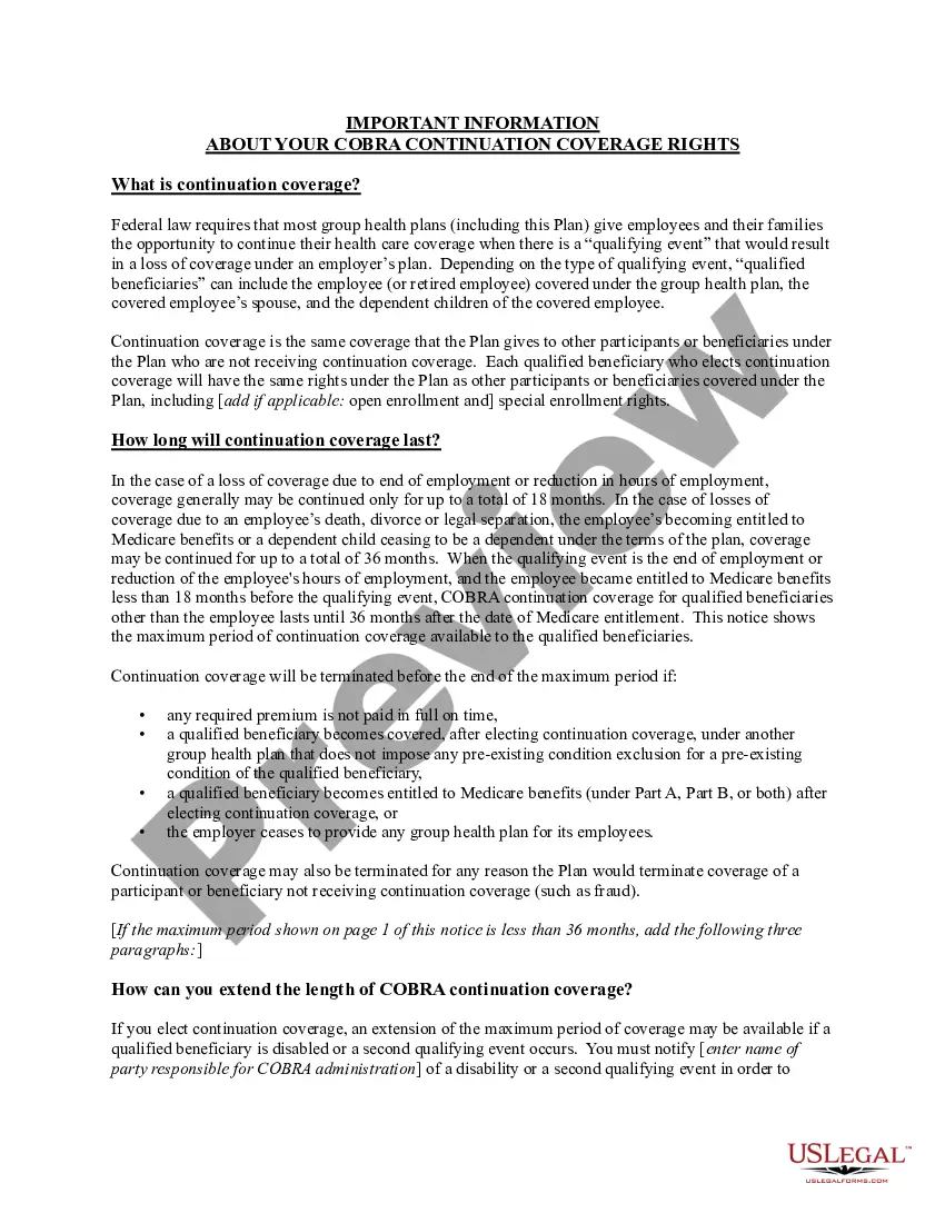 Get Model COBRA Continuation Coverage Election Notice Preview Model COBRA Continuation Coverage Election Notice