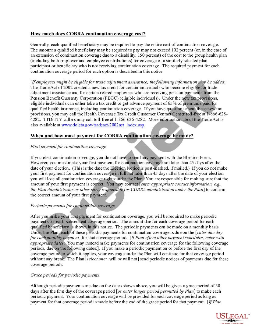 Get Model COBRA Continuation Coverage Election Notice Preview Model COBRA Continuation Coverage Election Notice