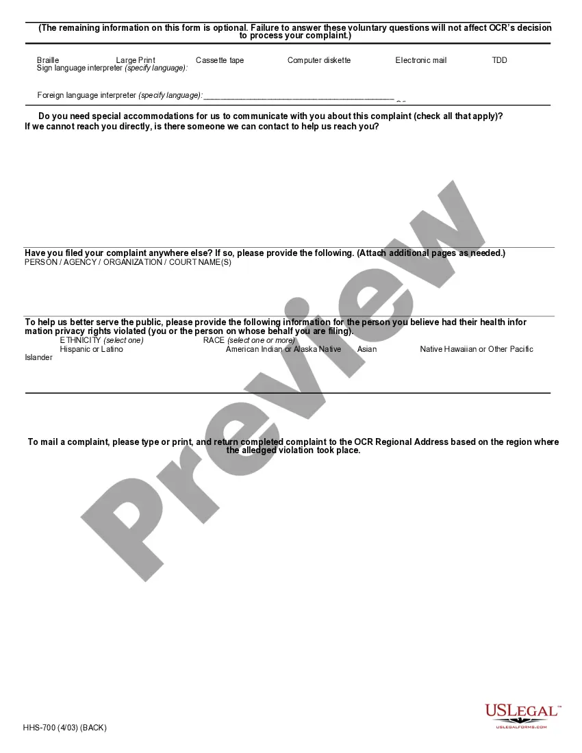 Get Health Information Privacy Complaint for filing with Dept. of Health and Human Services Office of Civil Rights Preview Health Information Privacy Complaint for filing with Dept. of Health and Human Services Office of Civil Rights