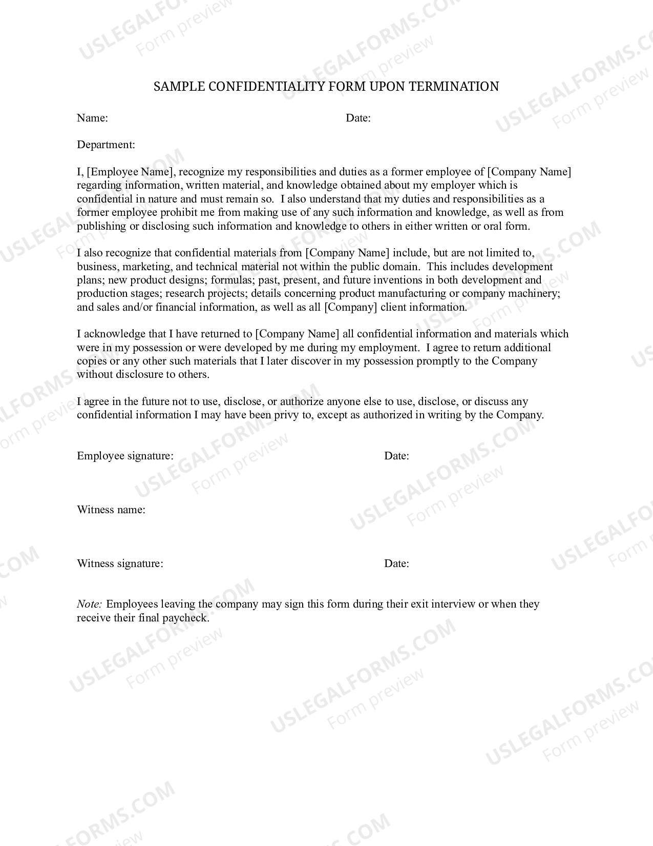 Arizona Sample Confidentiality Form Upon Termination Sample Confidentiality Statement US