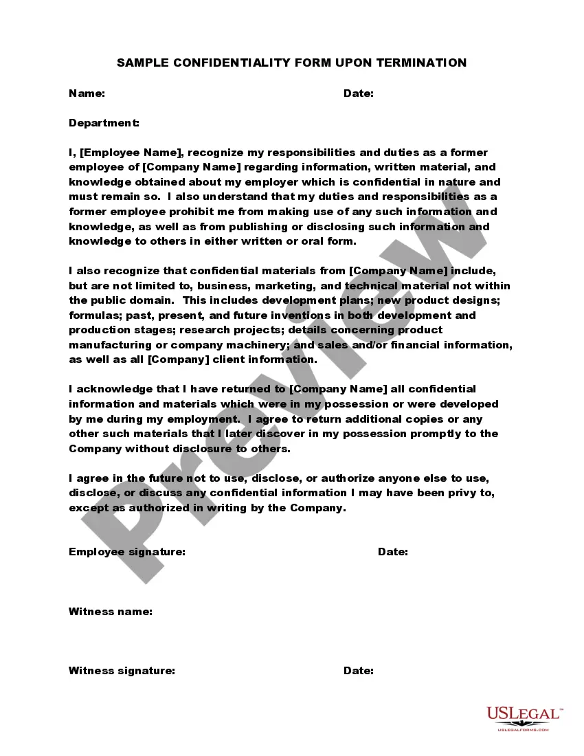 Preview Sample Confidentiality Form Upon Termination