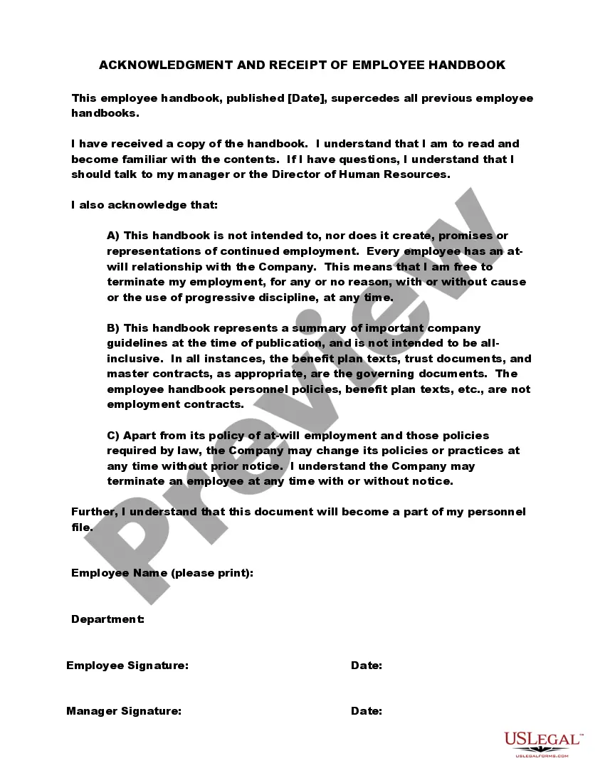 Preview Acknowledgment and Receipt of Employee Handbook