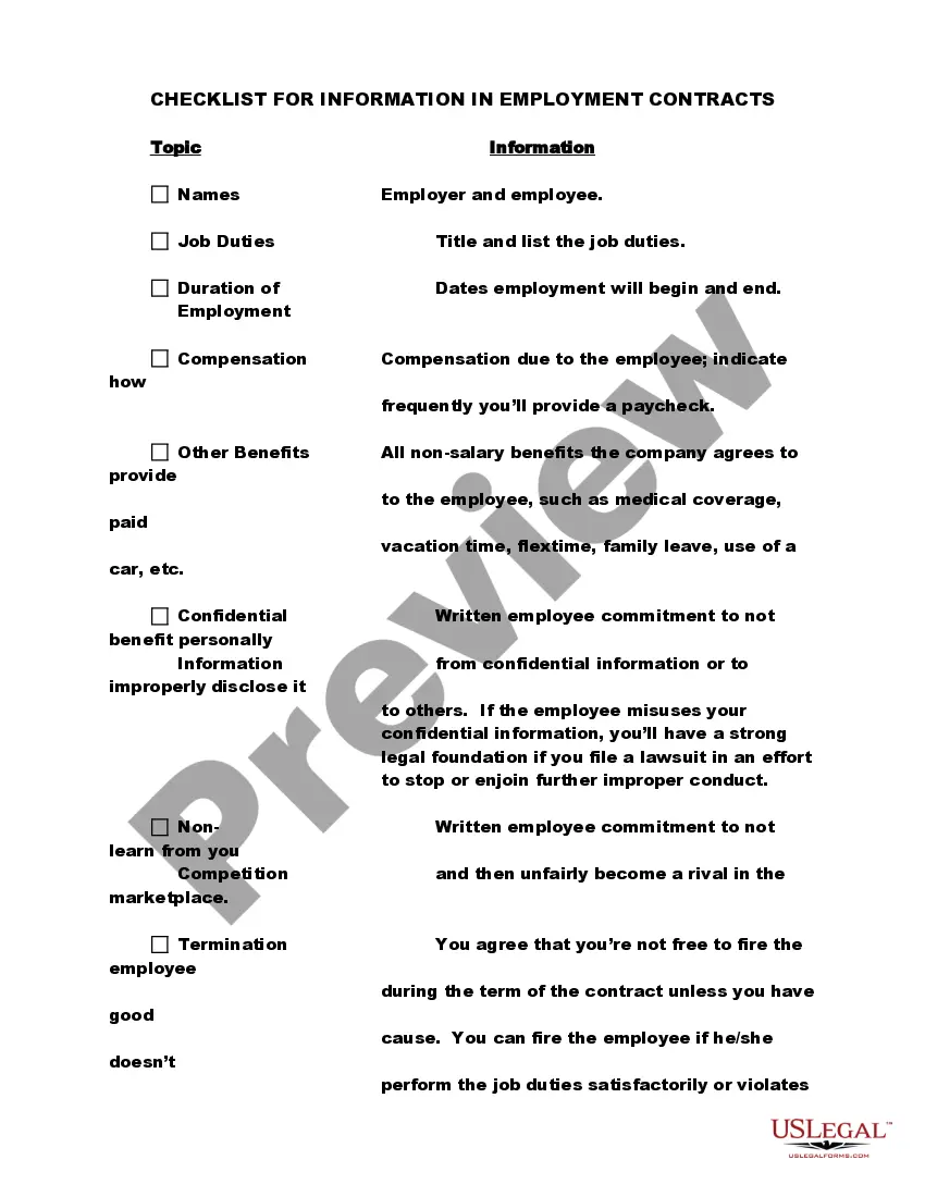 Preview Checklist for Information in Employment Contracts