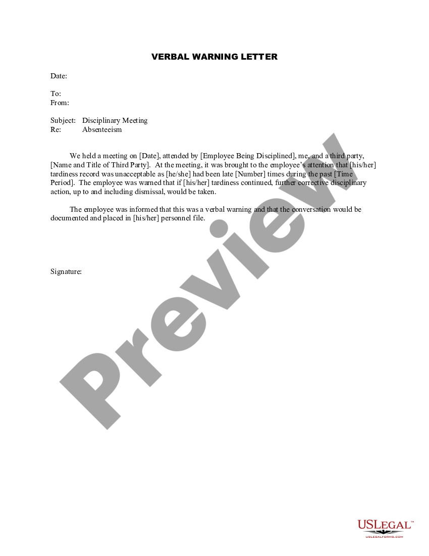 Verbal Warning Letter or Memo Verbal Warning Letter Template US