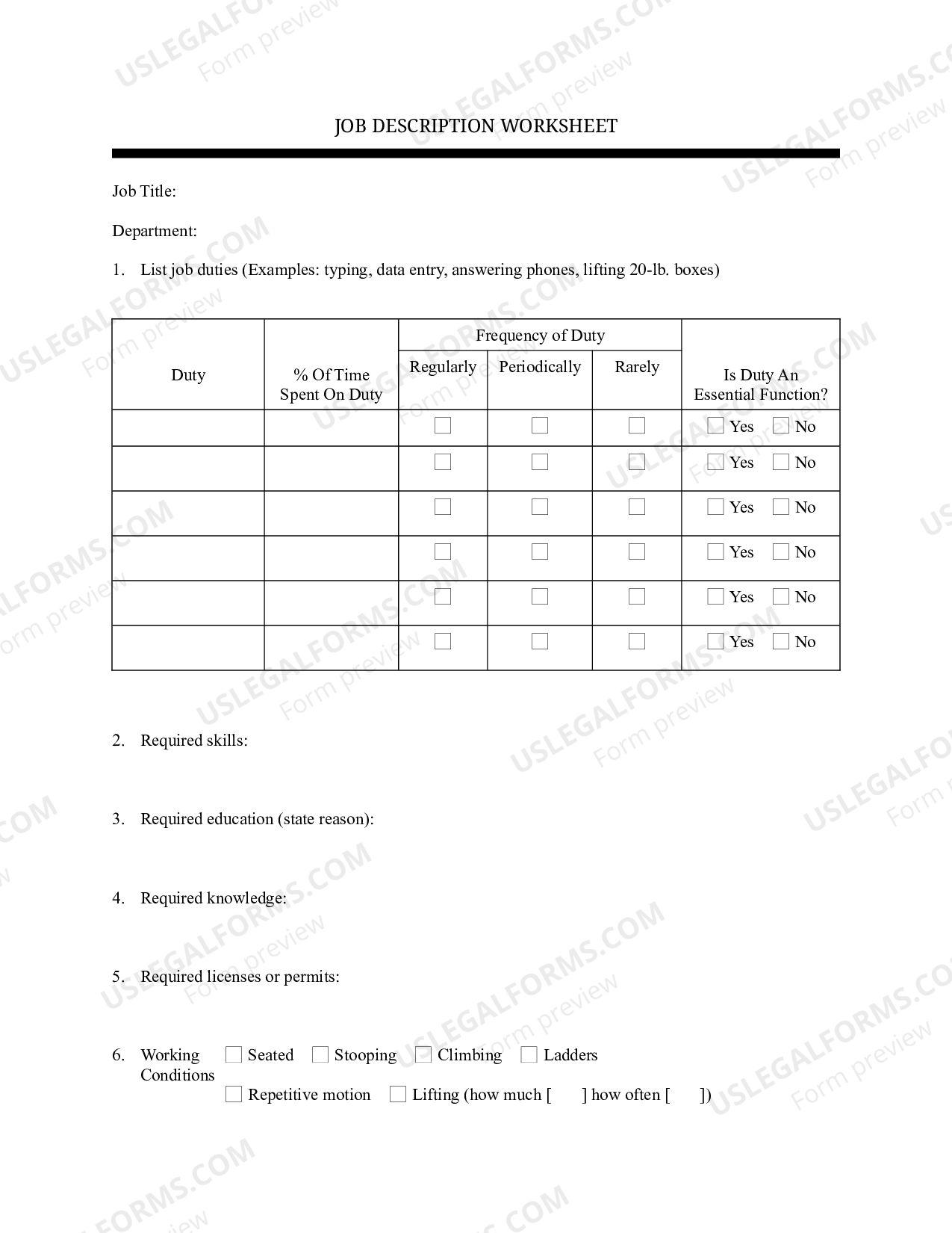 Job Description Worksheet | US Legal Forms