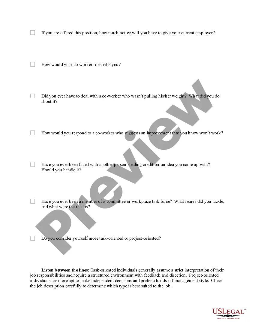 Get Checklist of Standard Hiring Interview Questions with Listening Tips and Suggested Follow-up Questions Preview Checklist of Standard Hiring Interview Questions with Listening Tips and Suggested Follow-up Questions