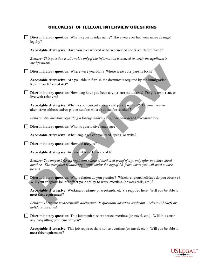 Arizona Checklist Of Illegal Interview Questions - Checklist Illegal ...