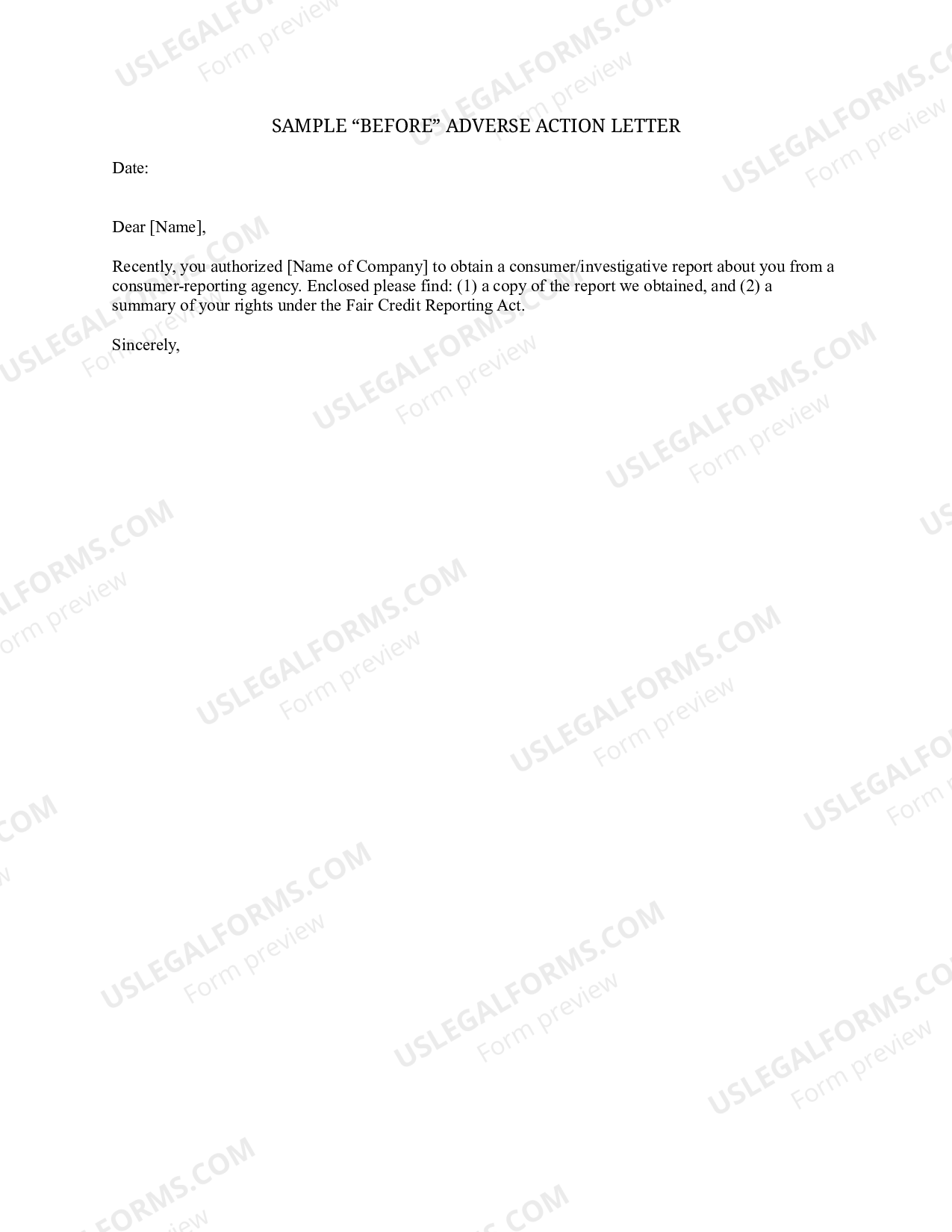 Indiana Sample Before" Adverse Action Letter" Action Letter Form US