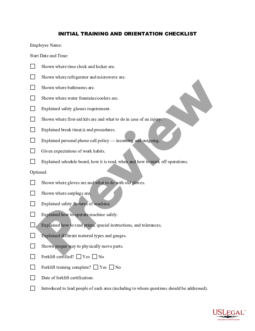 Initial Training and Orientation Checklist - Training Checklist | US ...