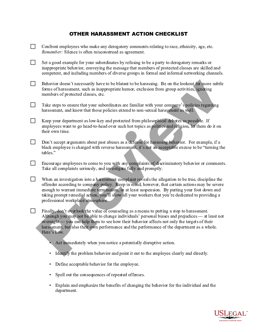 Other Harassment Action Checklist Workplace Harassment Workplace Us Legal Forms 9953