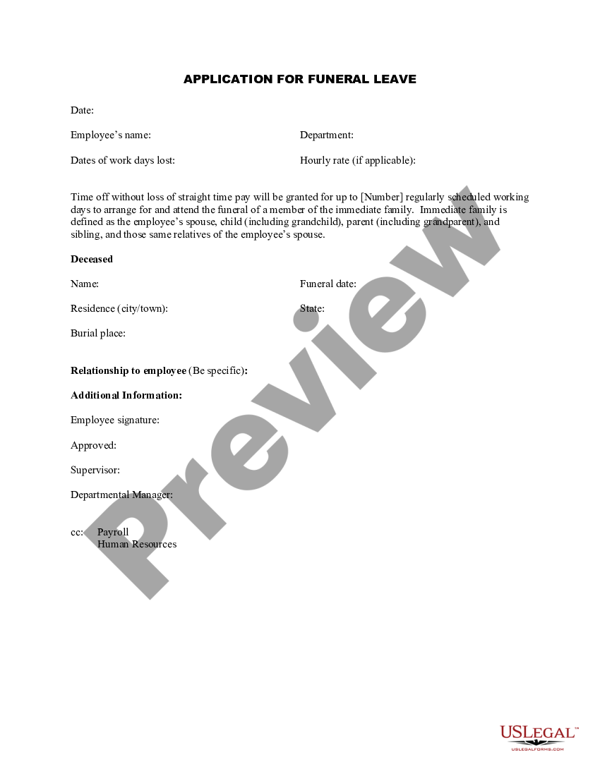 Connecticut Application for Funeral Leave - Funeral Leave | US Legal Forms