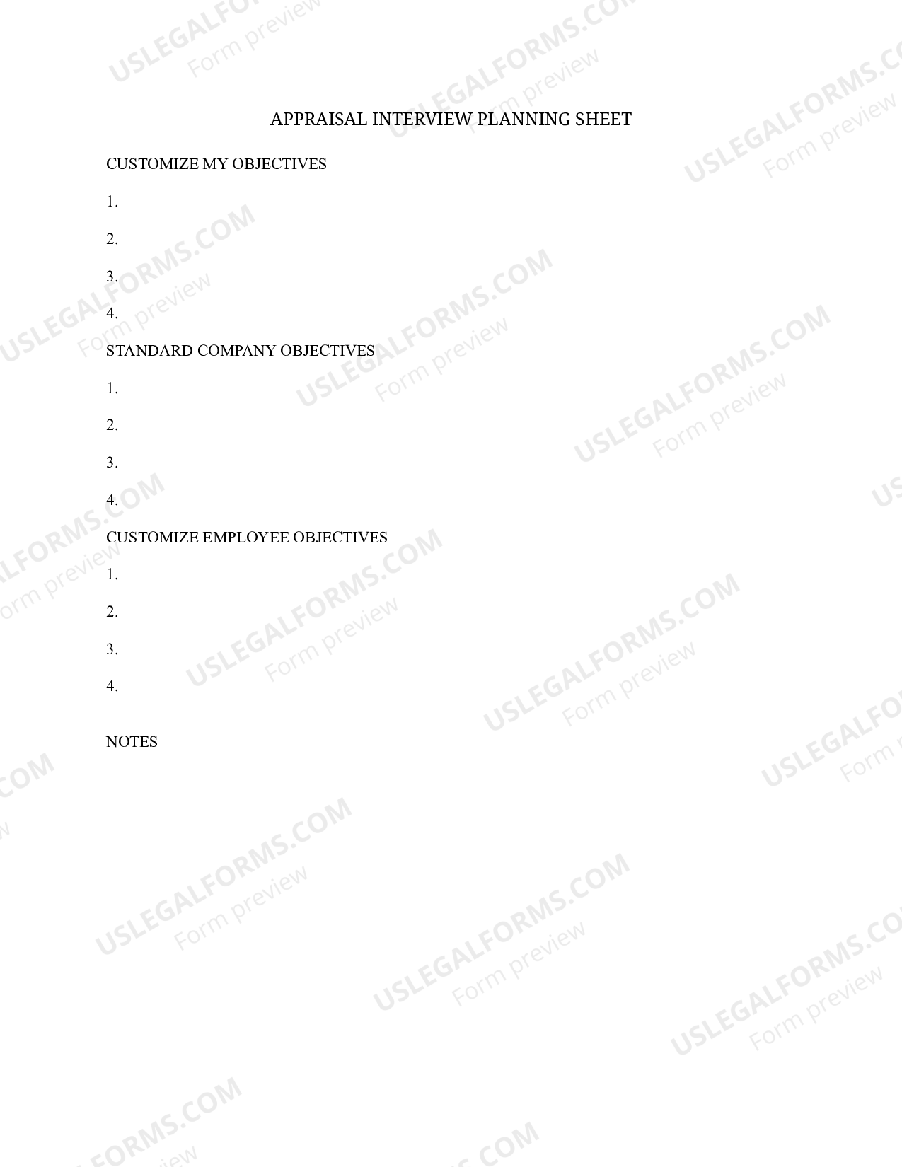 Illinois Appraisal Interview Planning Sheet US Legal Forms