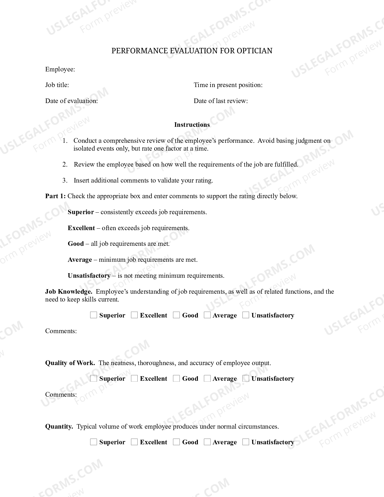 Guam Employee Evaluation Form for Optician US Legal Forms