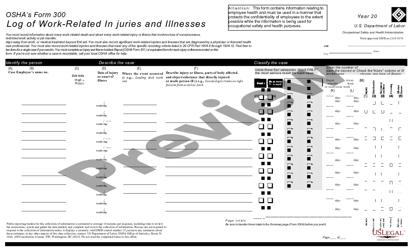 Get Log of Work Related Injuries and Illnesses (OSHA 300) Preview Log of Work Related Injuries and Illnesses (OSHA 300)