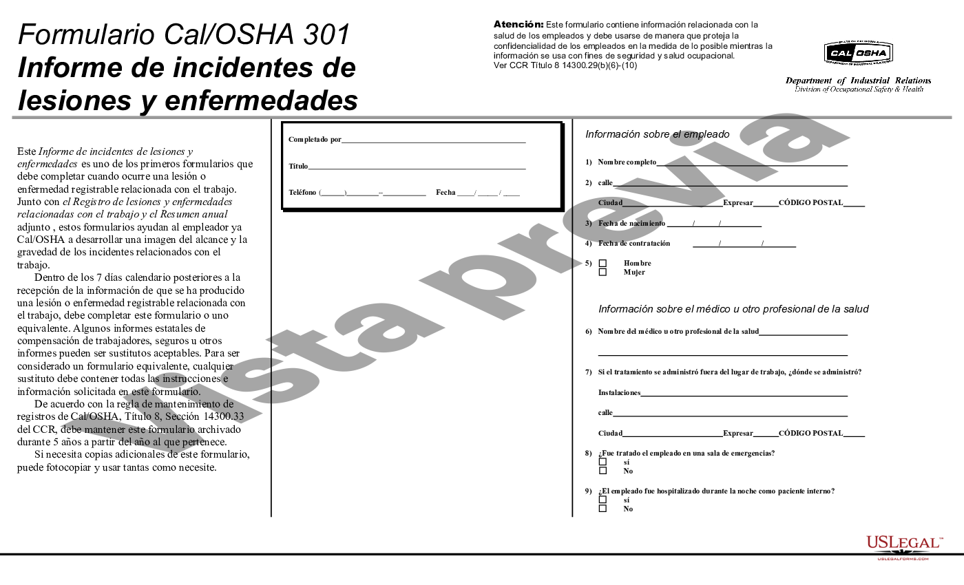Registro de incidentes de lesiones y enfermedades osha 301 us legal