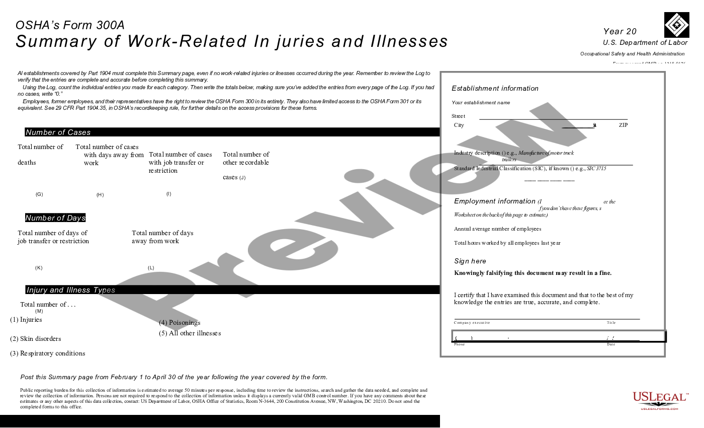 New York Summary Of Work Related Injuries And Illnesses (OSHA 300A ...