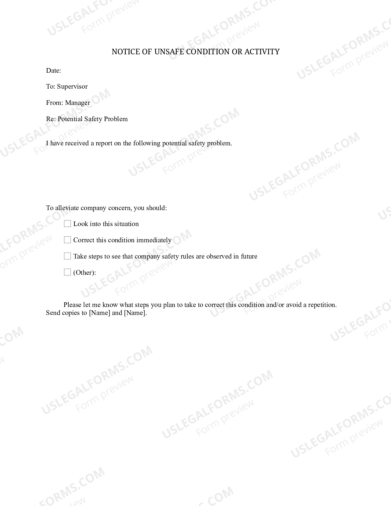 Indiana Notice of Unsafe Condition or Activity Unsafe Condition US