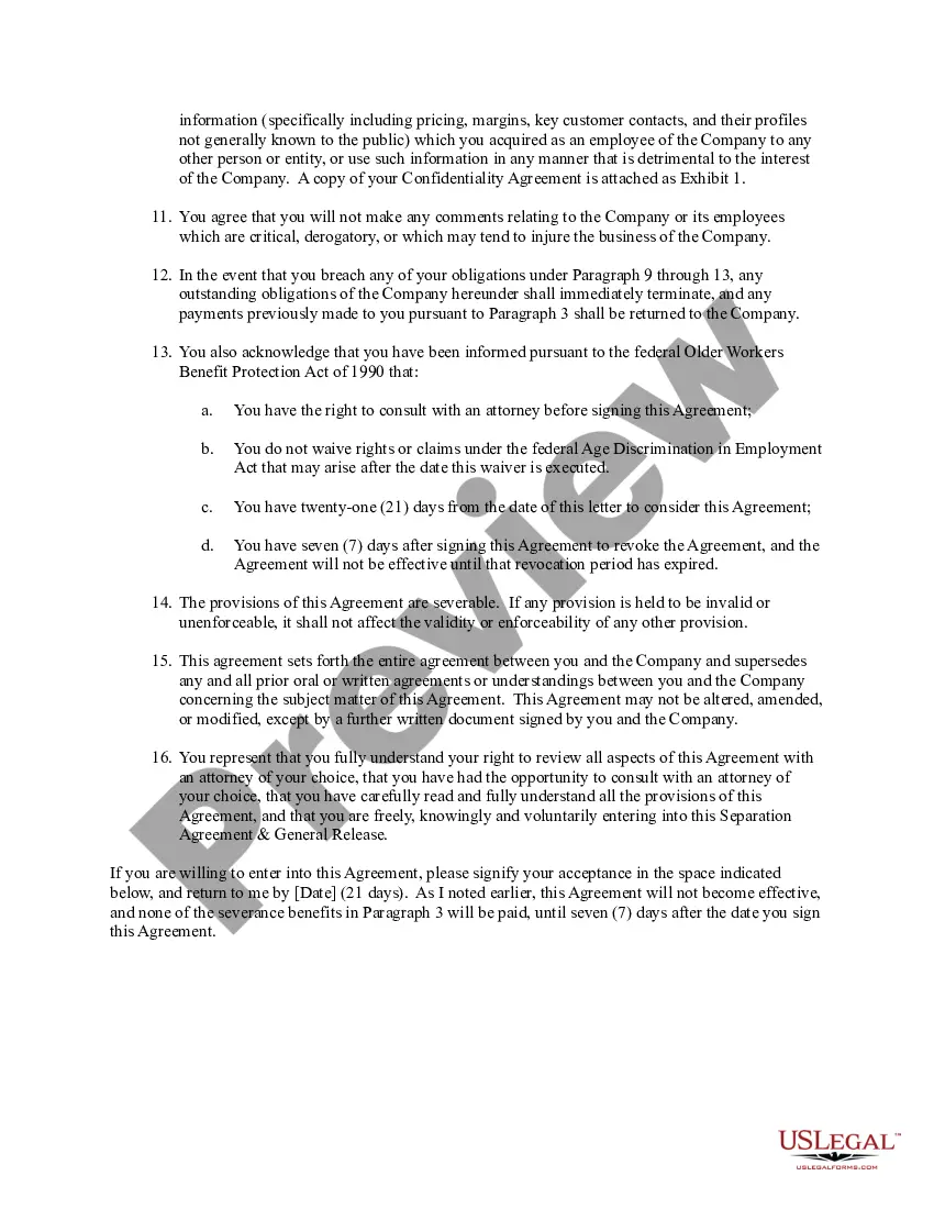 Get Separation Agreement and Release Letter for Exiting Employee Preview Separation Agreement and Release Letter for Exiting Employee