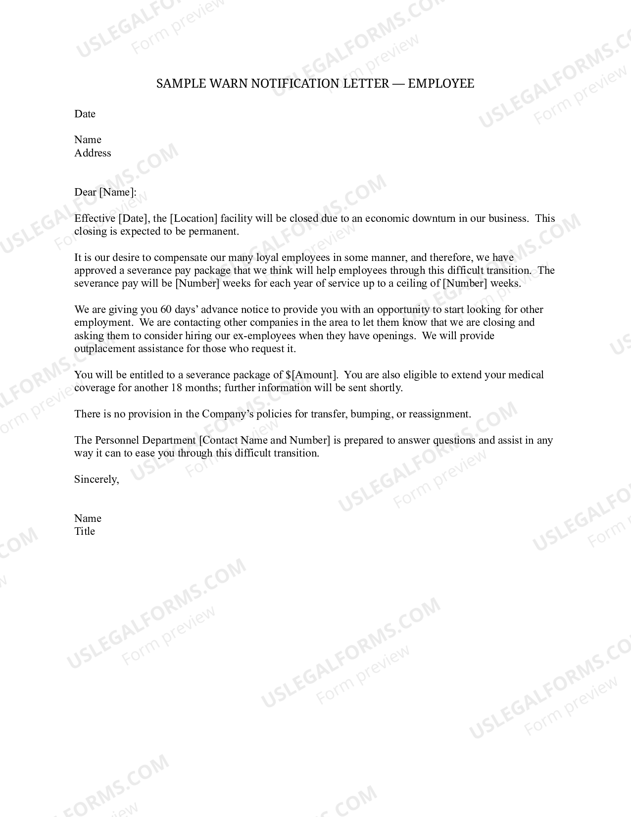 Massachusetts Sample WARN Notification Letter to Individual Employee