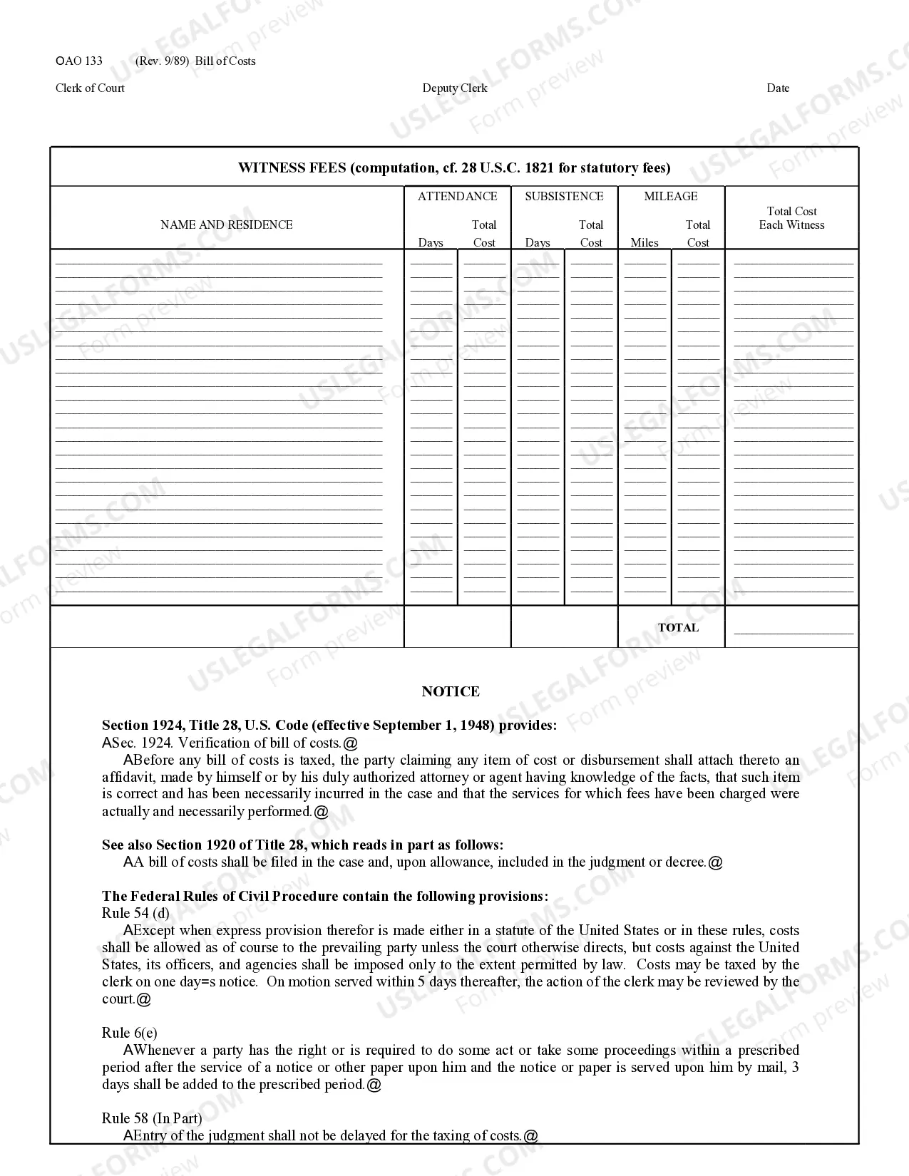 Preview Bill of Costs (District Court)