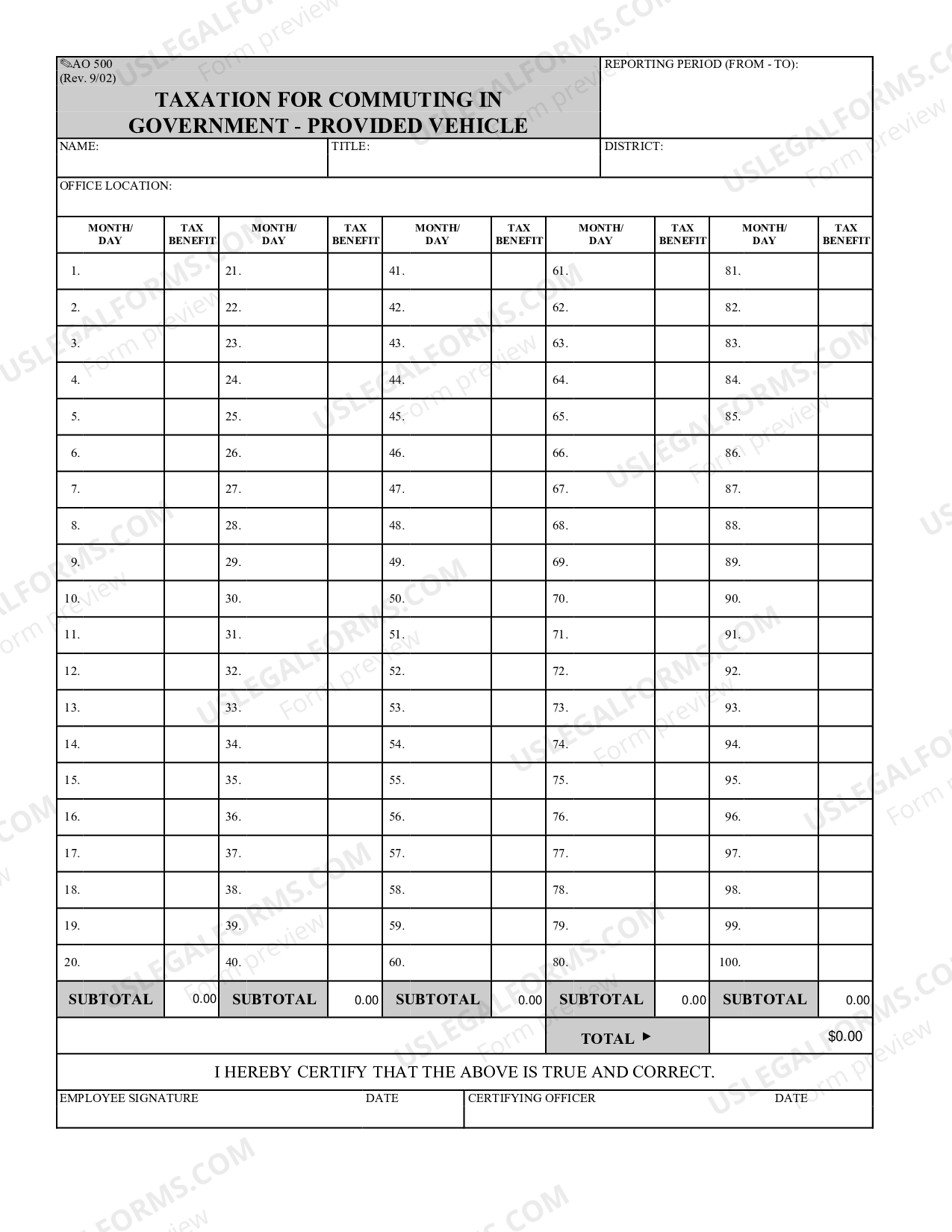 Taxation for Commuting in Government Leased Vehicle | US Legal Forms
