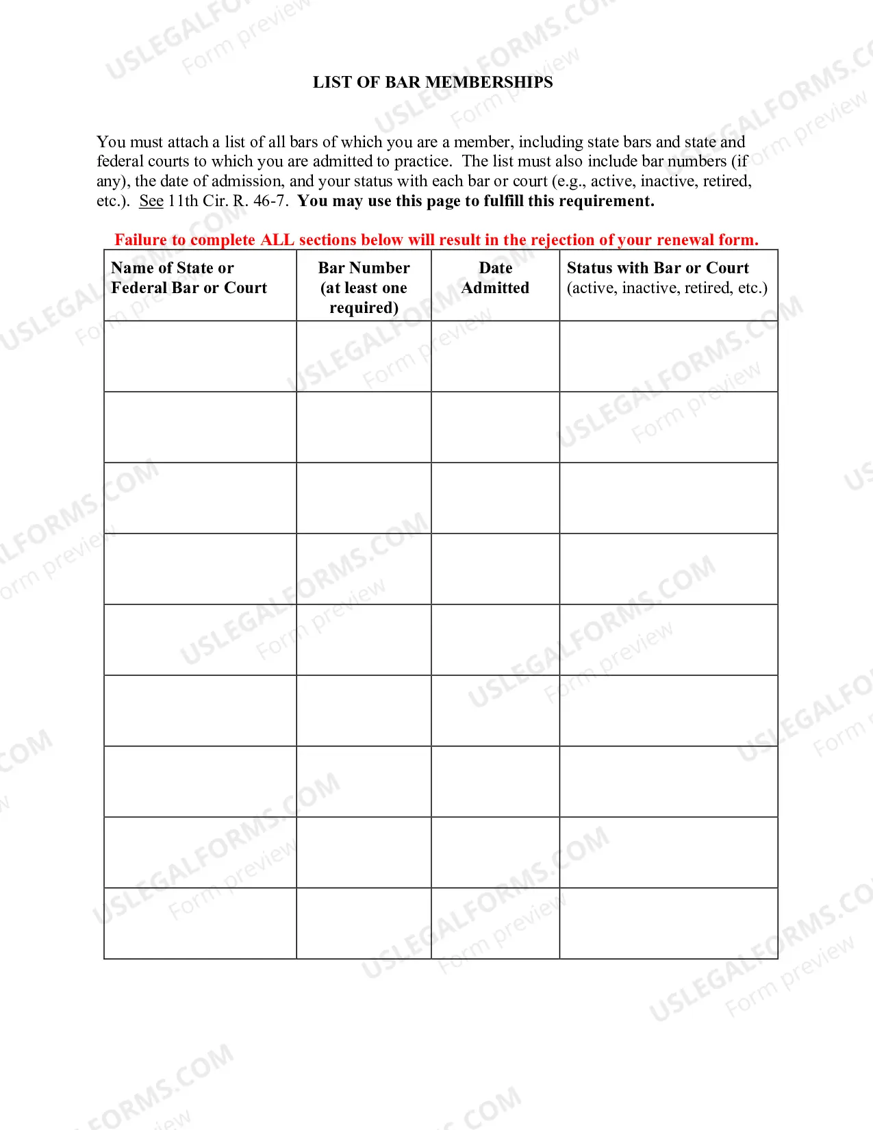 Preview Bar Membership Renewal Form