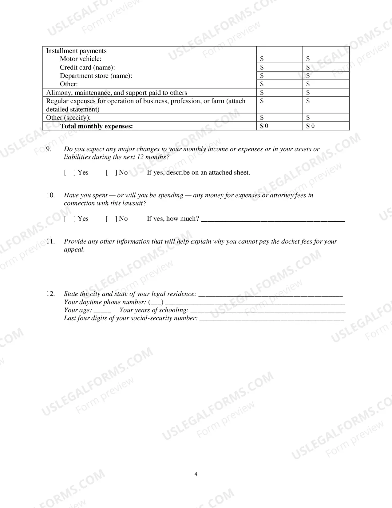 Preview Financial Affidavit to Accompany Motion for Leave to Appeal In Forma Pauperis