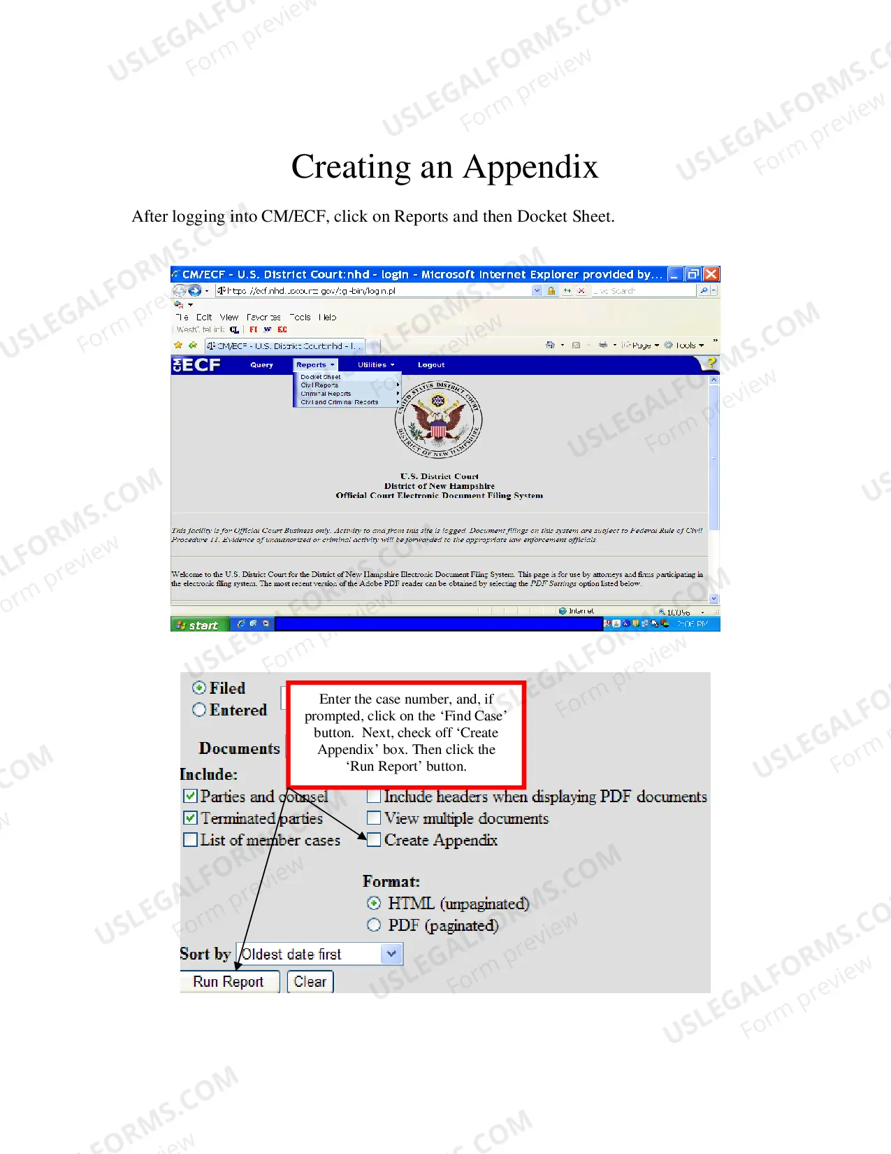 Preview Instructions for Creating an Appendix Using the District Court's "Create Appendix" Feature