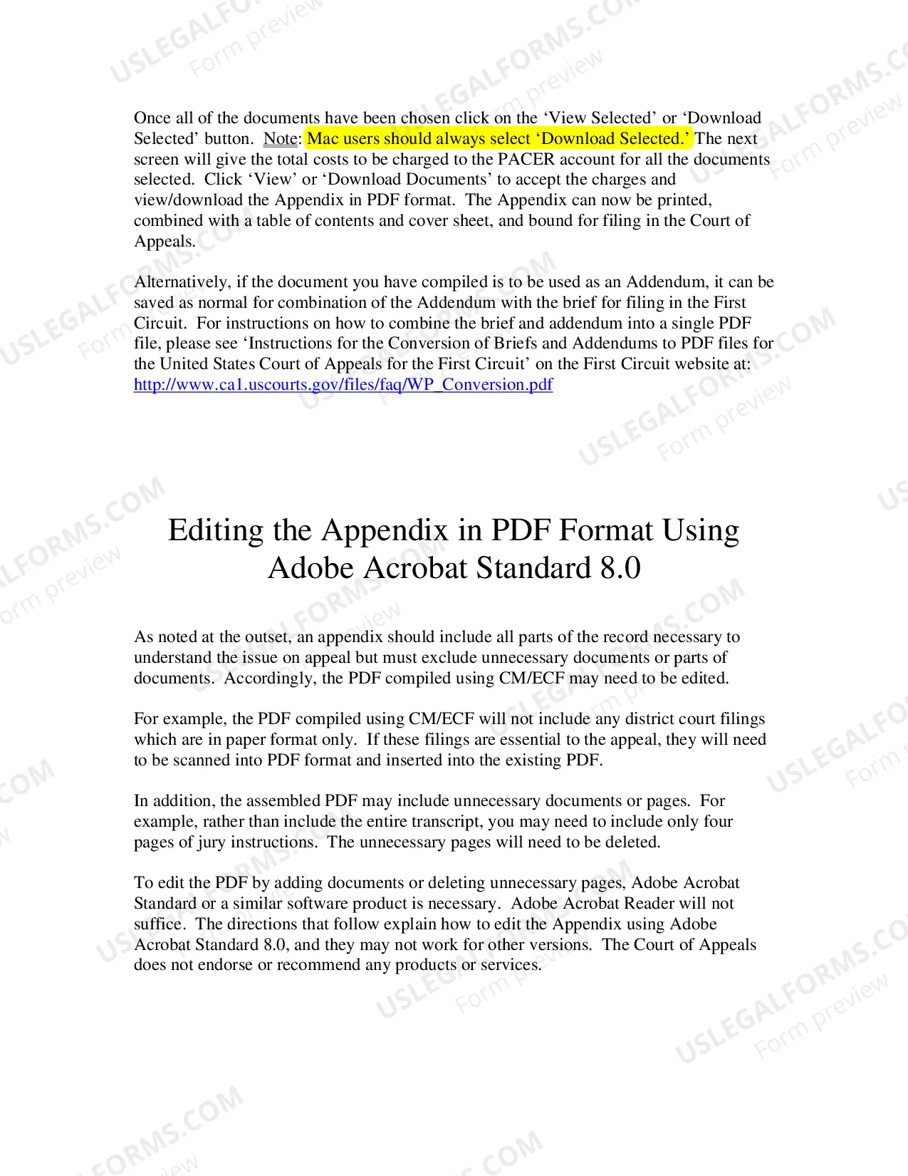 Preview Instructions for Creating an Appendix Using the District Court's "Create Appendix" Feature