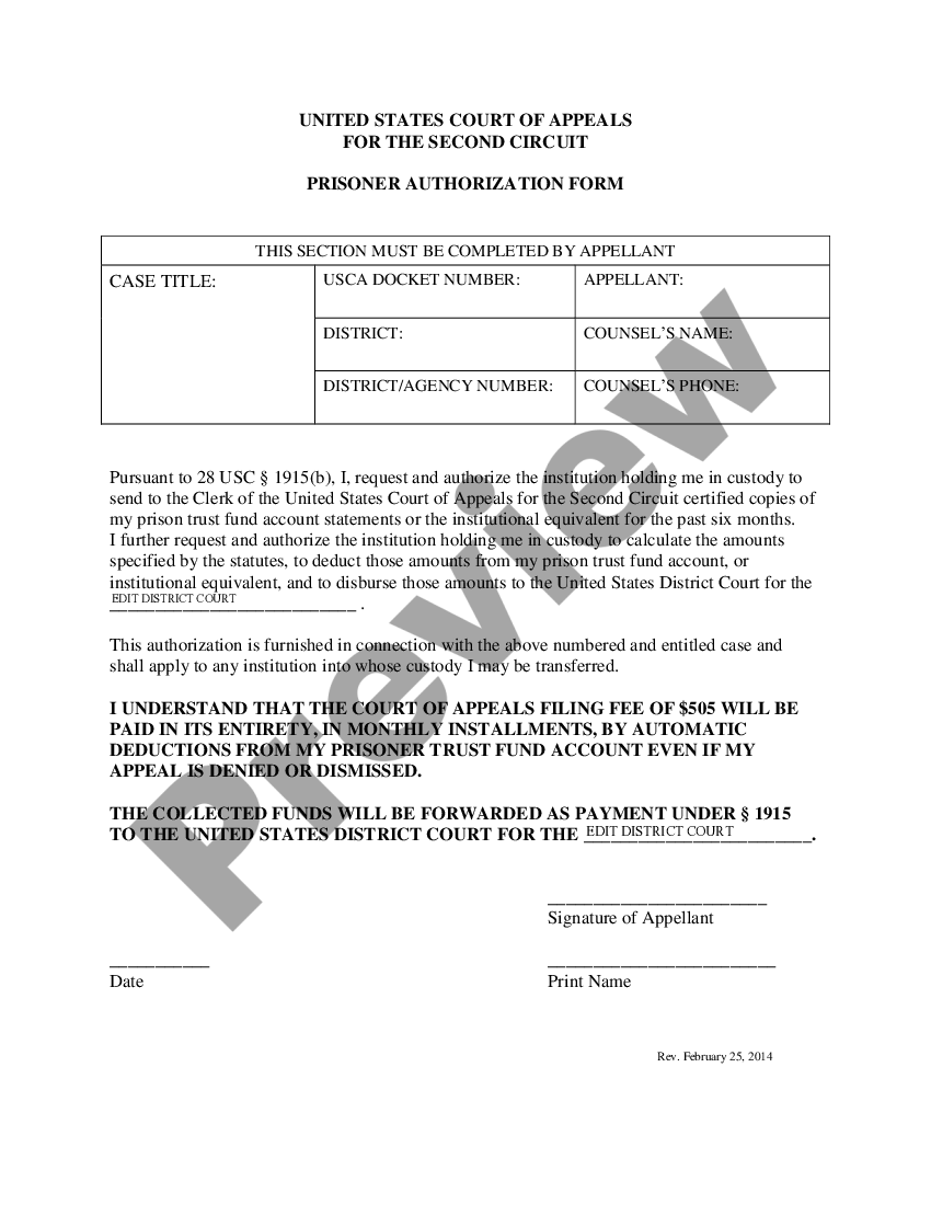 Prisoner Authorization Form Us Legal Forms 3150