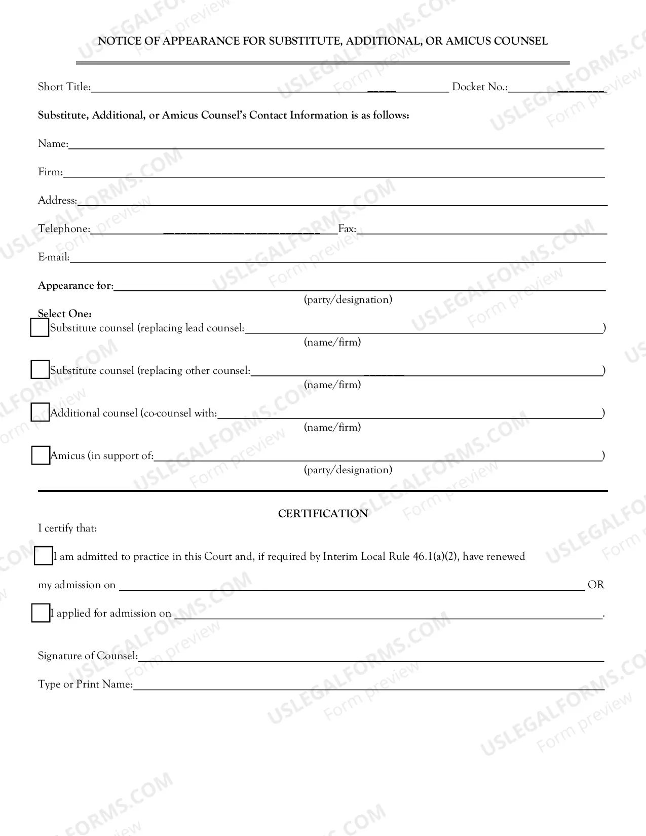 Preview Notice of appearance form and instructions for substitute,additional or amicus counsel