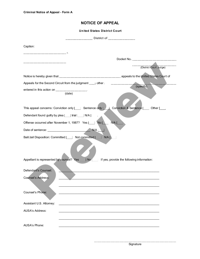 Form A Criminal notice of appeal | US Legal Forms