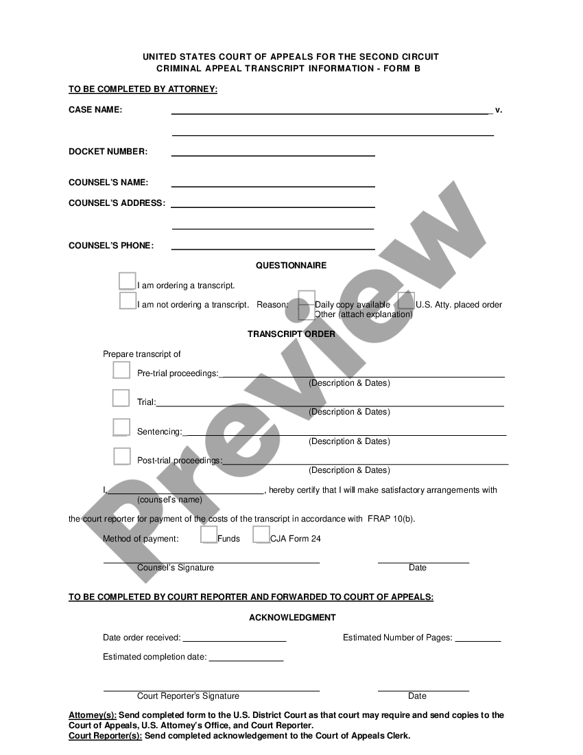 Form B Criminal Appeal Transcript Information | US Legal Forms