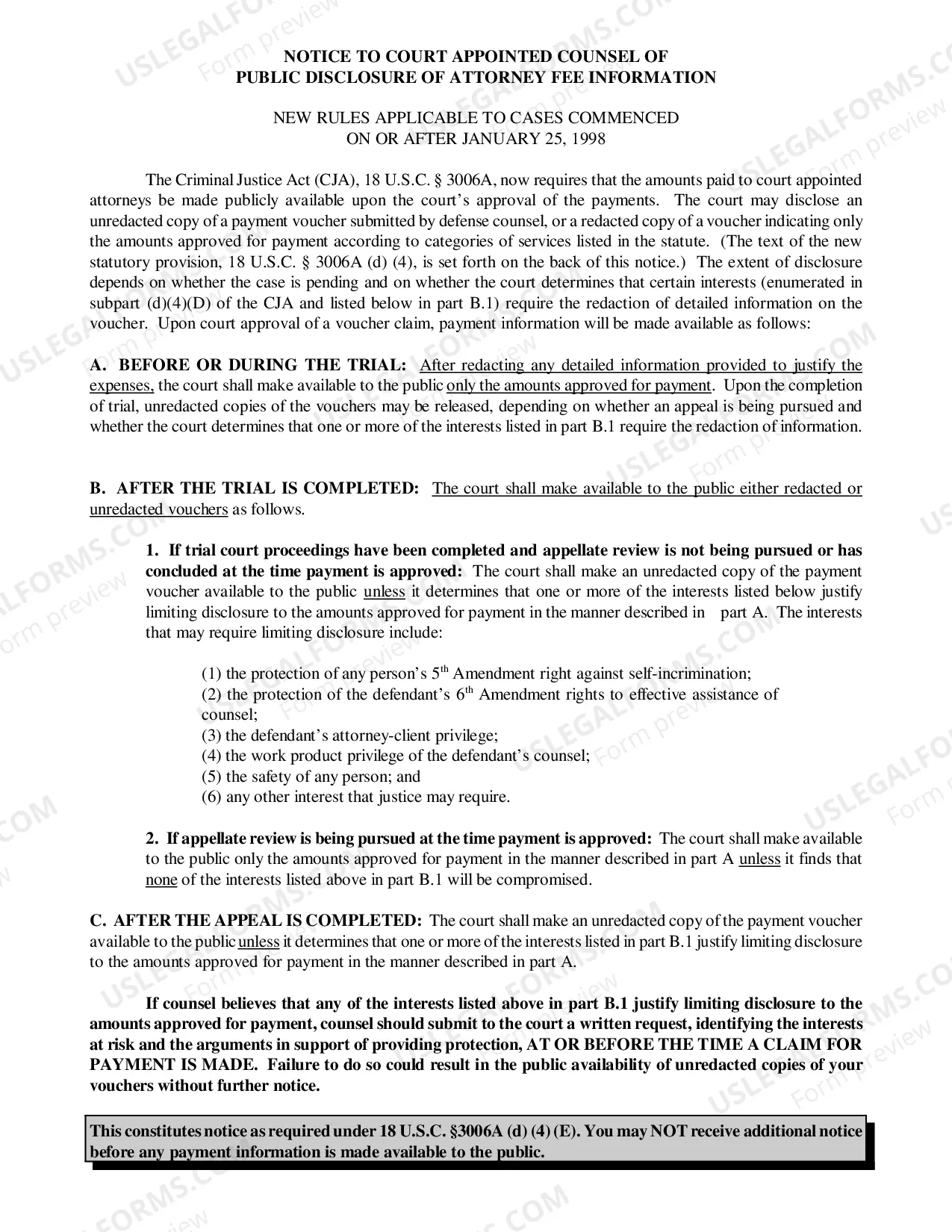 Preview Notice to Attorneys Appointed Under the Criminal Justice Act Plan Regarding Public Disclosure of Voucher Information