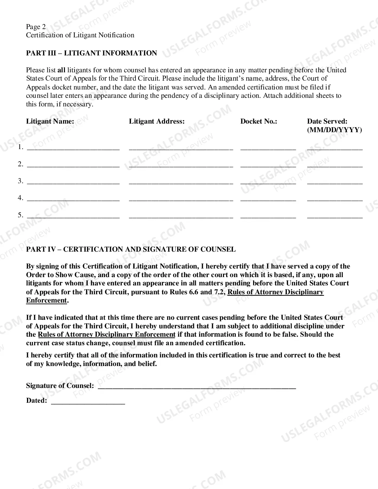 Preview Certification of Litigant Notification