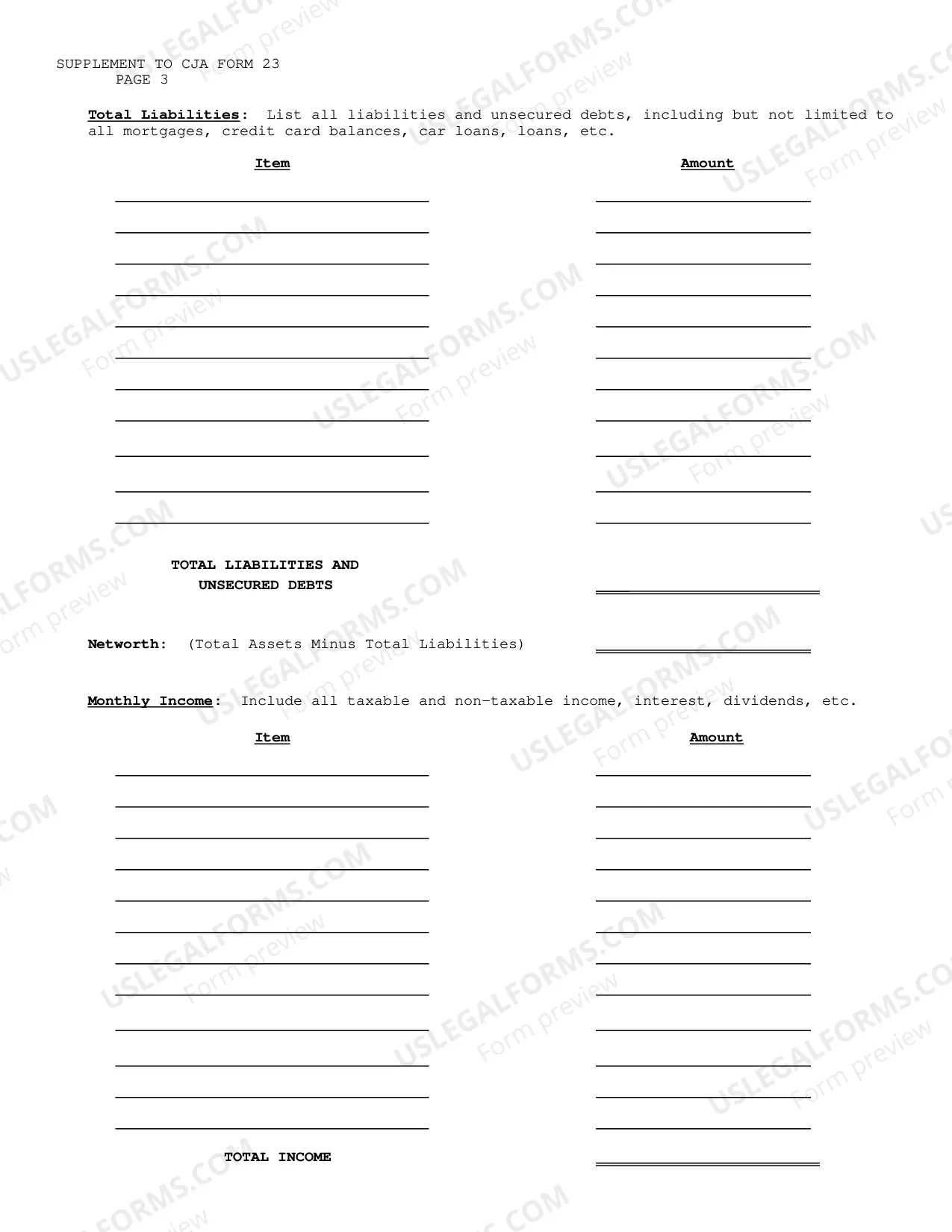 Preview Supplemental Information Required for a CJA 23 Form