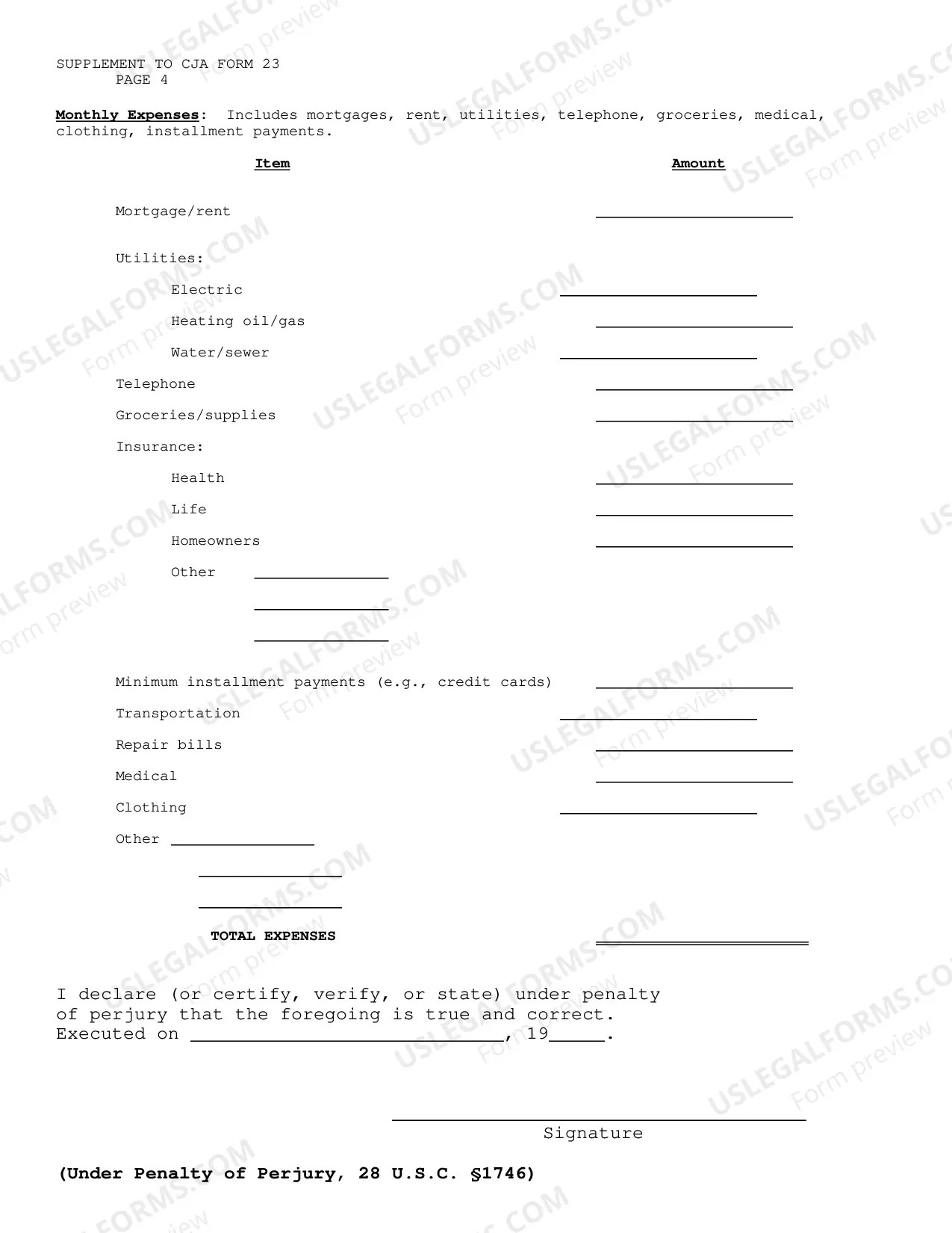 Preview Supplemental Information Required for a CJA 23 Form